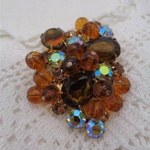 Vintage Topaz Rhinestone & Amber Glass Bead Brooch